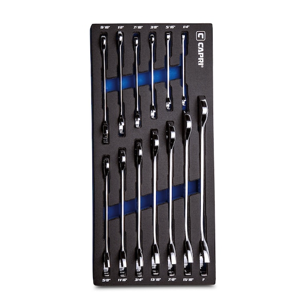 Angle Open End Wrench Set, 30Deg and 60Deg Angles, 14 to 1 SAE, 13Pcs W Mechanic's Tray